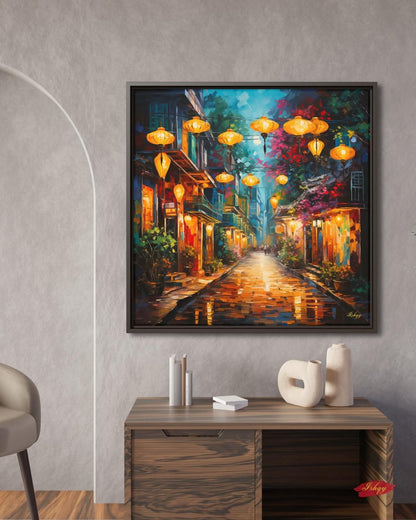 Hoi An Vietnam Wall Art Print with Lanterns, Vibrant Street Scene Canvas or Framed Decor, Vietnamese Town Painting for Home or Office
