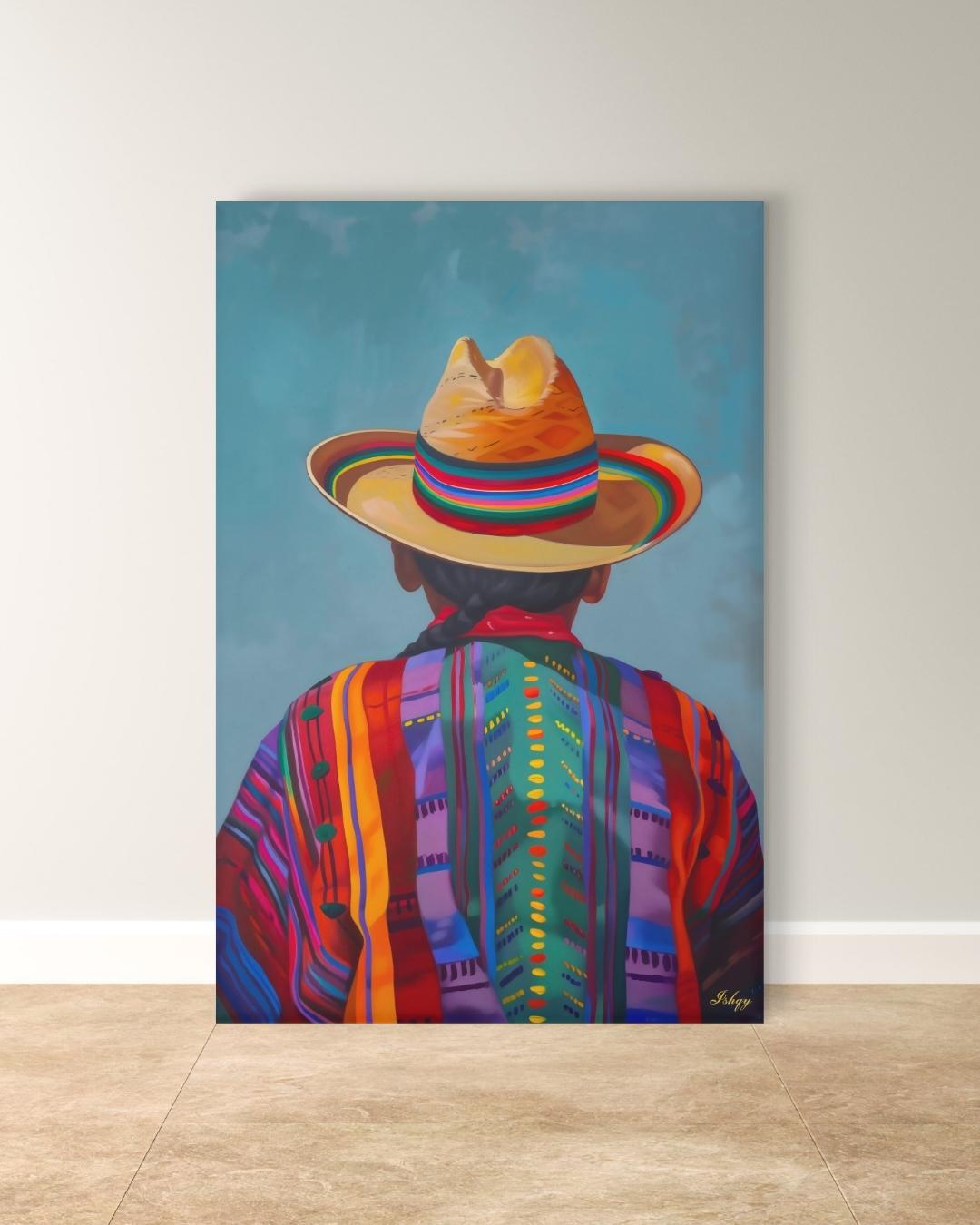 Huaso de Chile Back View Portrait Wall Art Print, Andean Poncho & Chupalla Hat Canvas, Colorful Latin American Decor for Living Room Artwork
