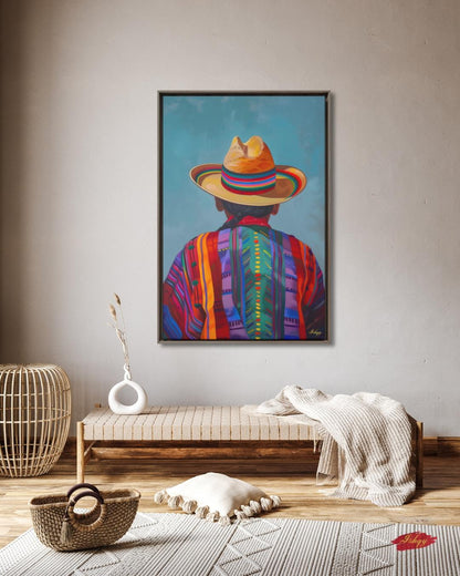 Huaso de Chile Back View Portrait Wall Art Print, Andean Poncho & Chupalla Hat Canvas, Colorful Latin American Decor for Living Room Artwork