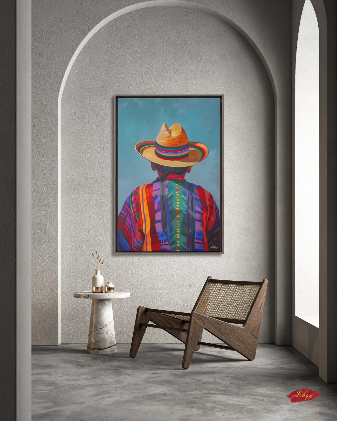 Huaso de Chile Back View Portrait Wall Art Print, Andean Poncho & Chupalla Hat Canvas, Colorful Latin American Decor for Living Room Artwork