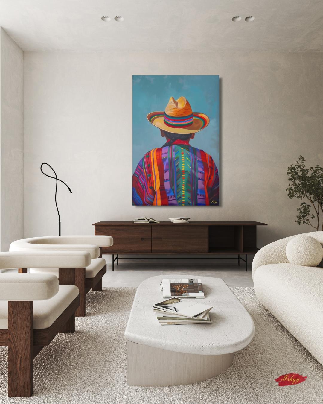Huaso de Chile Back View Portrait Wall Art Print, Andean Poncho & Chupalla Hat Canvas, Colorful Latin American Decor for Living Room Artwork