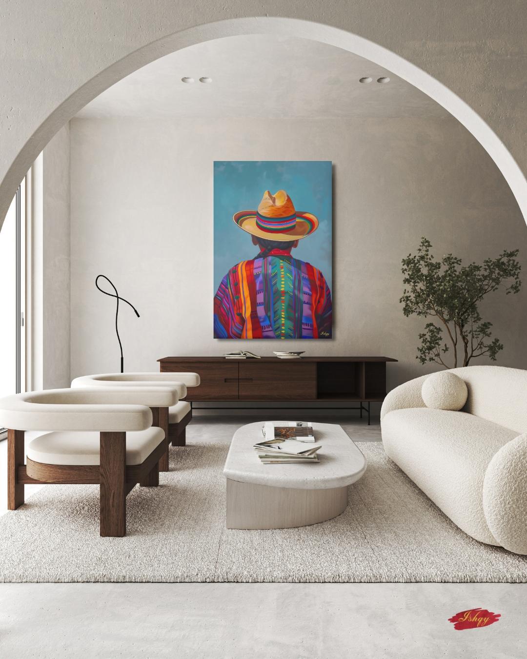 Huaso de Chile Back View Portrait Wall Art Print, Andean Poncho & Chupalla Hat Canvas, Colorful Latin American Decor for Living Room Artwork