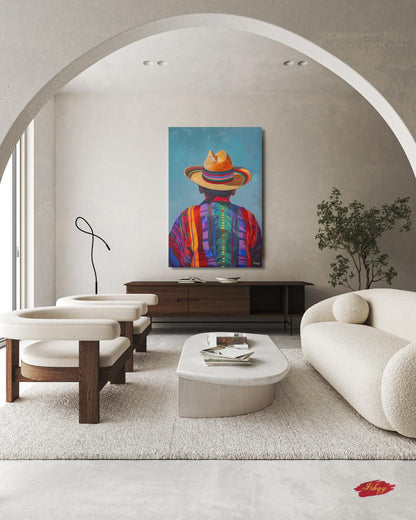 Huaso de Chile Back View Portrait Wall Art Print, Andean Poncho & Chupalla Hat Canvas, Colorful Latin American Decor for Living Room Artwork