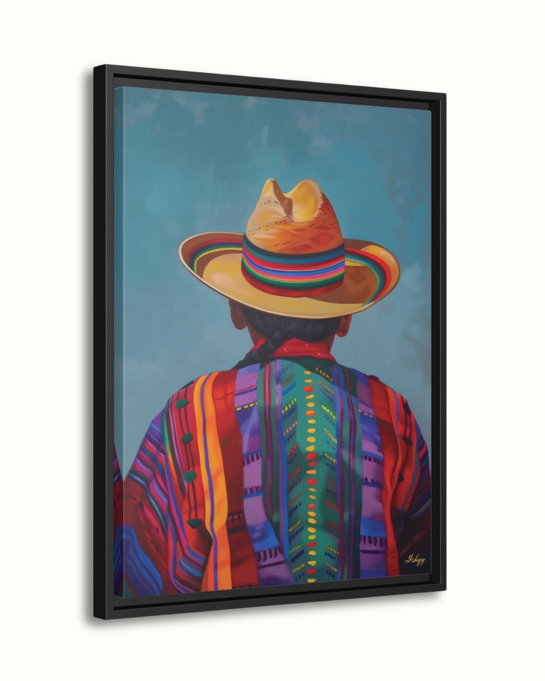 Huaso de Chile Back View Portrait Wall Art Print, Andean Poncho & Chupalla Hat Canvas, Colorful Latin American Decor for Living Room Artwork