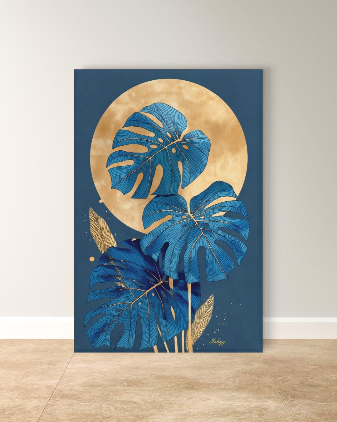 Blue Monstera Wall Art, Gold Moon Botanical Print, Modern Tropical Canvas, Abstract Leaf Artwork, Elegant Home Decor for Living Room