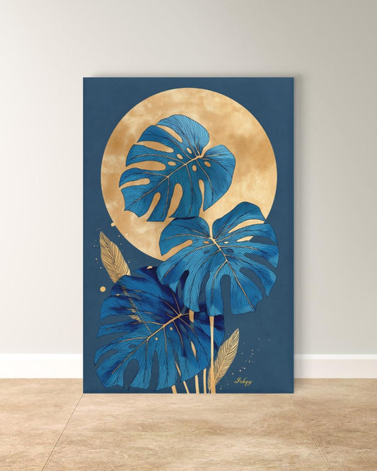 Blue Monstera Wall Art, Gold Moon Botanical Print, Modern Tropical Canvas, Abstract Leaf Artwork, Elegant Home Decor for Living Room