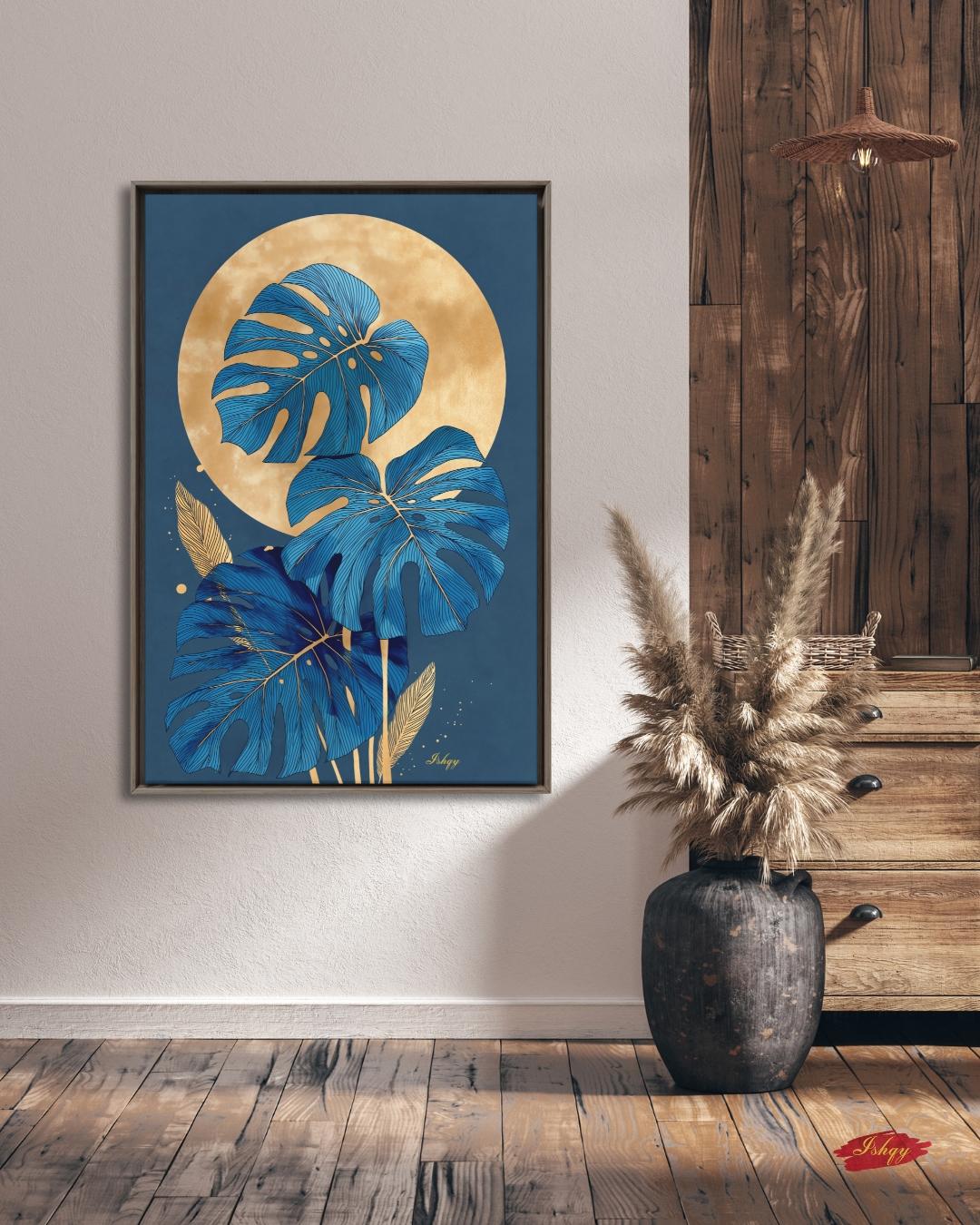 Blue Monstera Wall Art, Gold Moon Botanical Print, Modern Tropical Canvas, Abstract Leaf Artwork, Elegant Home Decor for Living Room