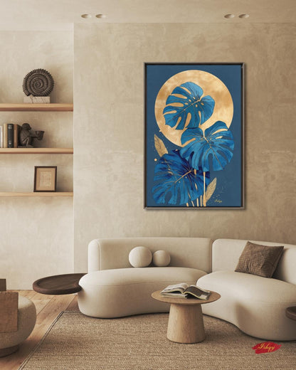 Blue Monstera Wall Art, Gold Moon Botanical Print, Modern Tropical Canvas, Abstract Leaf Artwork, Elegant Home Decor for Living Room