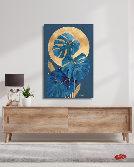 Blue Monstera Wall Art, Gold Moon Botanical Print, Modern Tropical Canvas, Abstract Leaf Artwork, Elegant Home Decor for Living Room