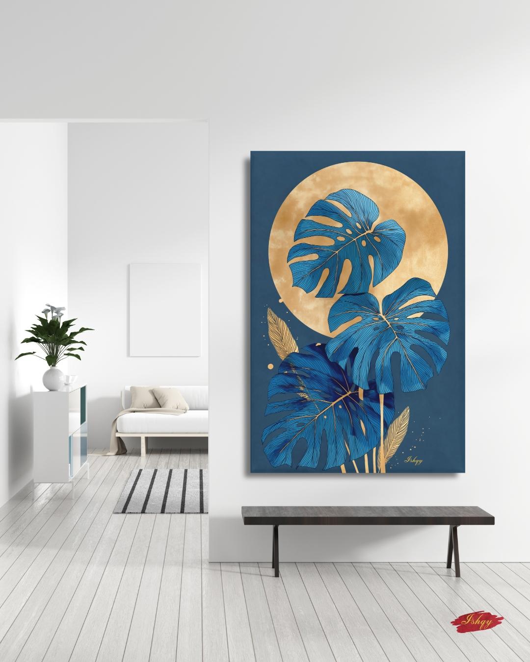 Blue Monstera Wall Art, Gold Moon Botanical Print, Modern Tropical Canvas, Abstract Leaf Artwork, Elegant Home Decor for Living Room