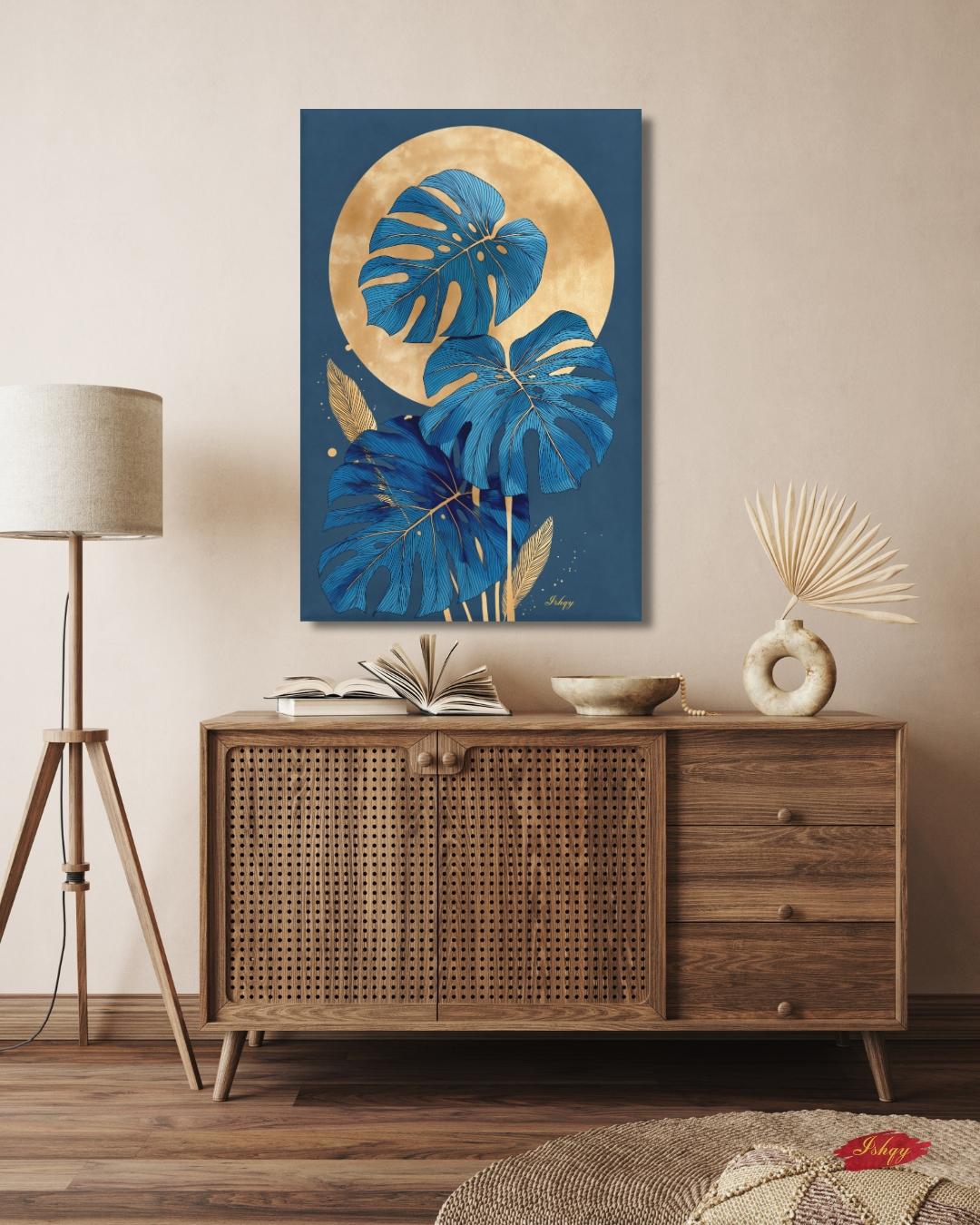 Blue Monstera Wall Art, Gold Moon Botanical Print, Modern Tropical Canvas, Abstract Leaf Artwork, Elegant Home Decor for Living Room