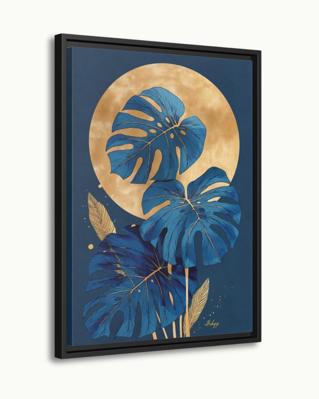 Blue Monstera Wall Art, Gold Moon Botanical Print, Modern Tropical Canvas, Abstract Leaf Artwork, Elegant Home Decor for Living Room