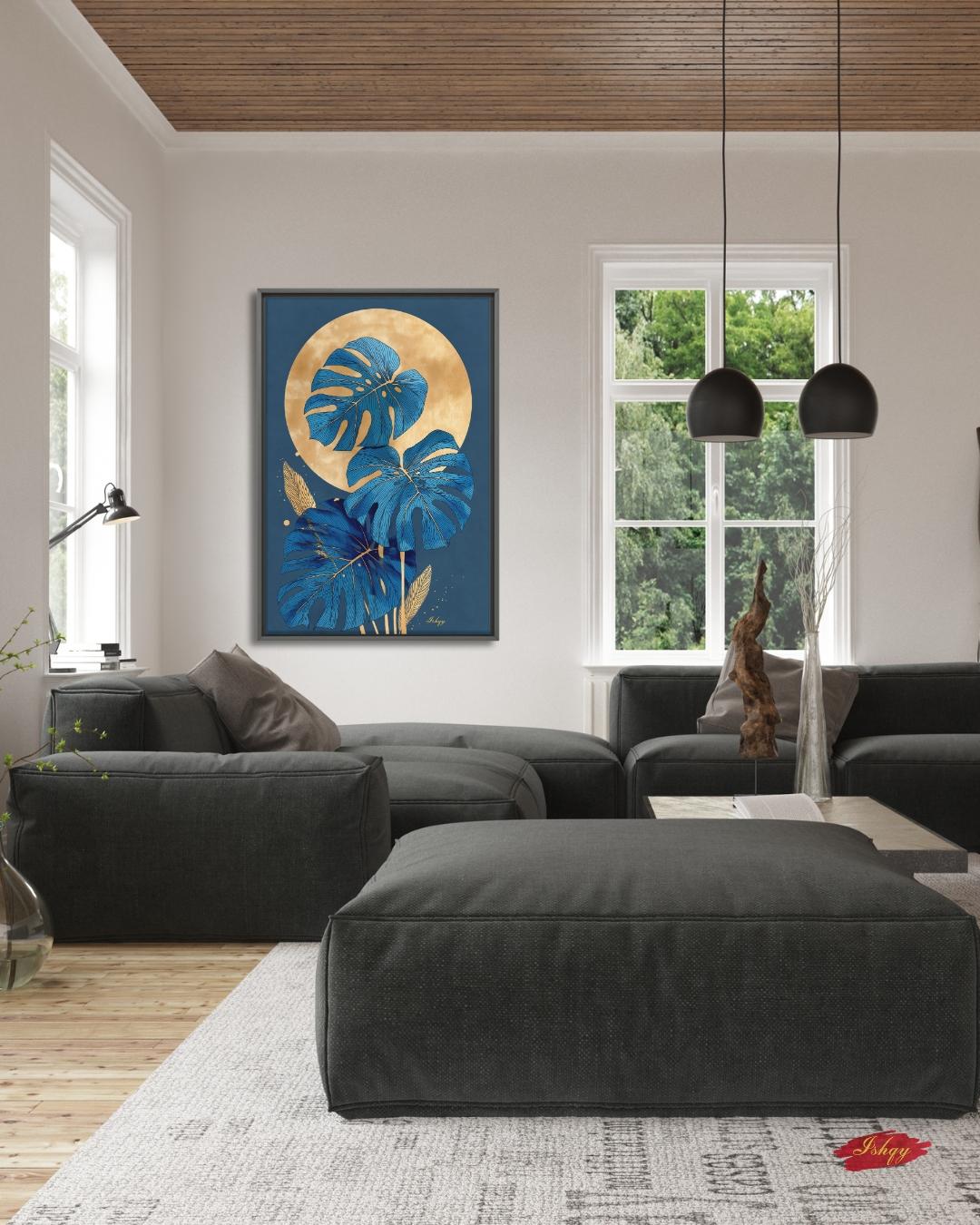 Blue Monstera Wall Art, Gold Moon Botanical Print, Modern Tropical Canvas, Abstract Leaf Artwork, Elegant Home Decor for Living Room