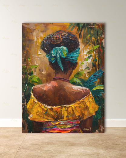 African American Woman Canvas Wall Art, Tropical Black Woman Framed Canvas Print, Colorful Afrocentric Portrait Oil Painting, Living Room Decor