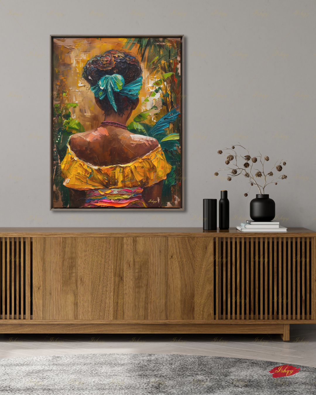 African American Woman Canvas Wall Art, Tropical Black Woman Framed Canvas Print, Colorful Afrocentric Portrait Oil Painting, Living Room Decor