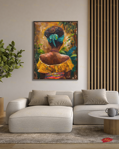 African American Woman Canvas Wall Art, Tropical Black Woman Framed Canvas Print, Colorful Afrocentric Portrait Oil Painting, Living Room Decor