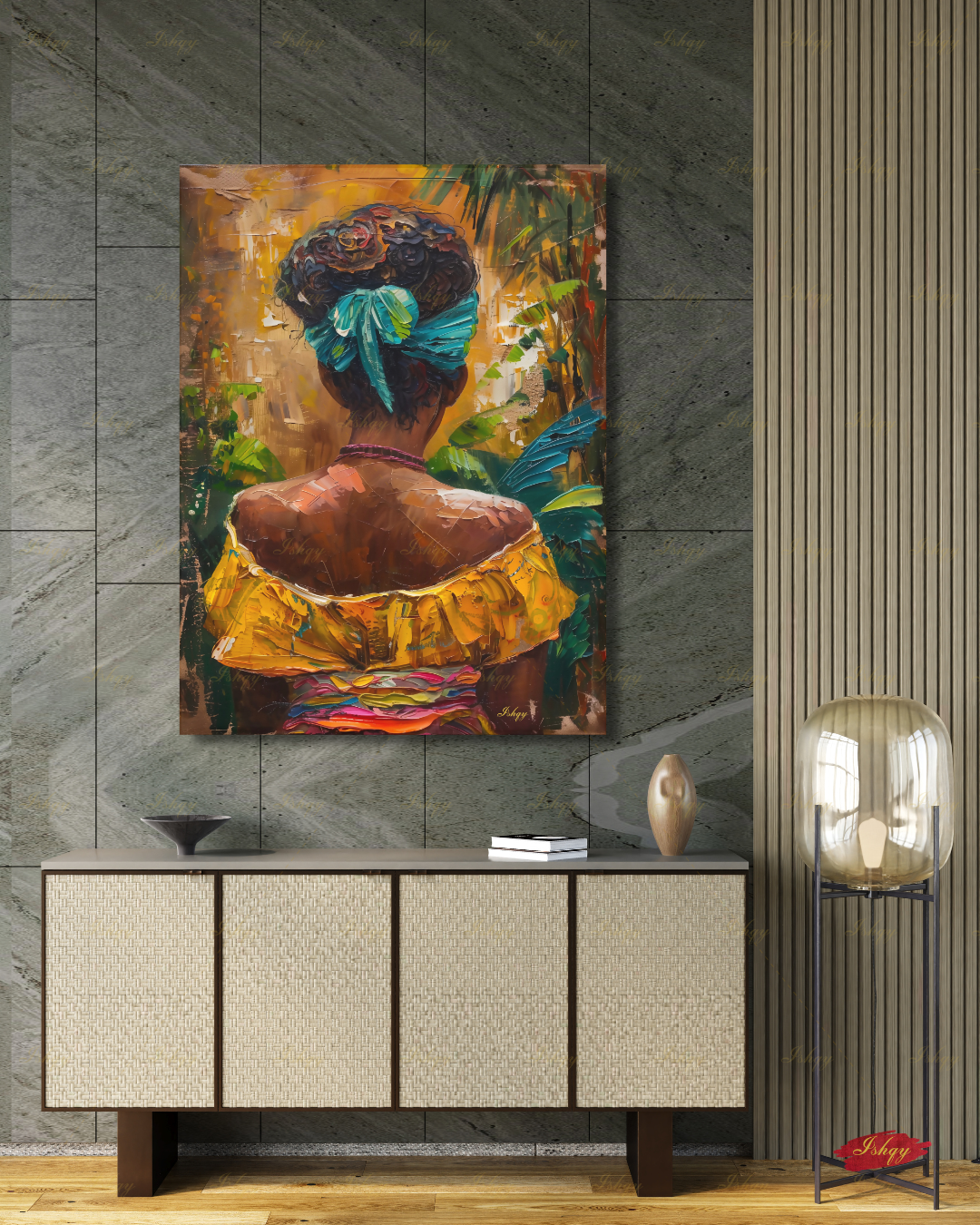 African American Woman Canvas Wall Art, Tropical Black Woman Framed Canvas Print, Colorful Afrocentric Portrait Oil Painting, Living Room Decor