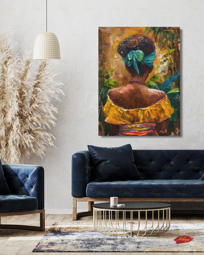 African American Woman Canvas Wall Art, Tropical Black Woman Framed Canvas Print, Colorful Afrocentric Portrait Oil Painting, Living Room Decor