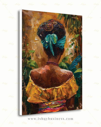 African American Woman Canvas Wall Art, Tropical Black Woman Framed Canvas Print, Colorful Afrocentric Portrait Oil Painting, Living Room Decor