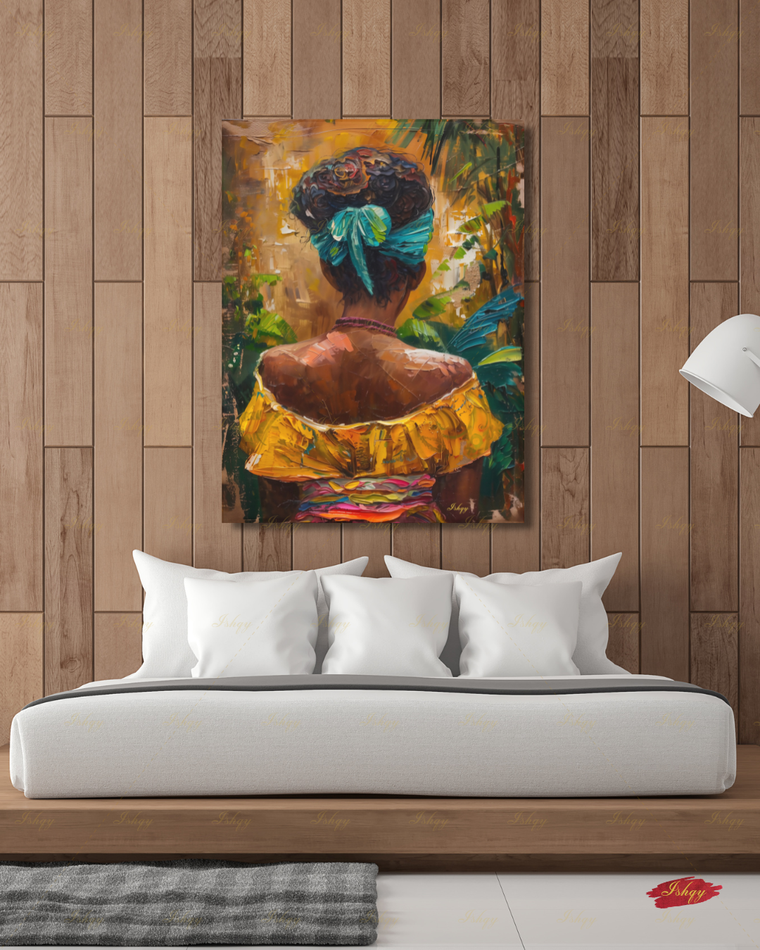 African American Woman Canvas Wall Art, Tropical Black Woman Framed Canvas Print, Colorful Afrocentric Portrait Oil Painting, Living Room Decor