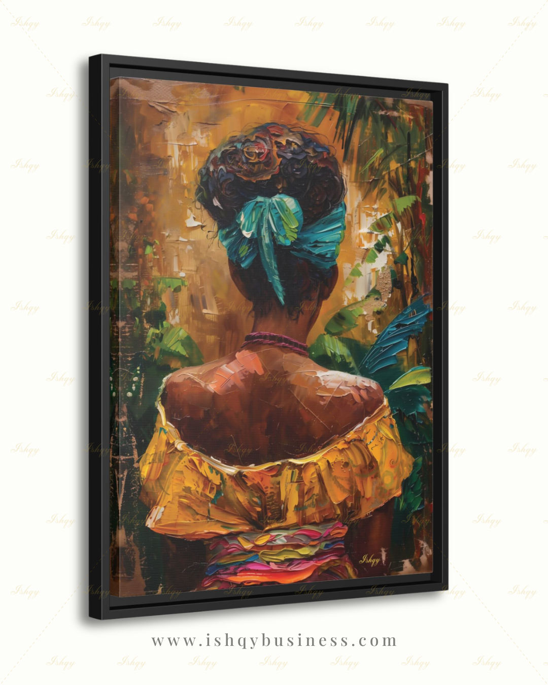 African American Woman Canvas Wall Art, Tropical Black Woman Framed Canvas Print, Colorful Afrocentric Portrait Oil Painting, Living Room Decor