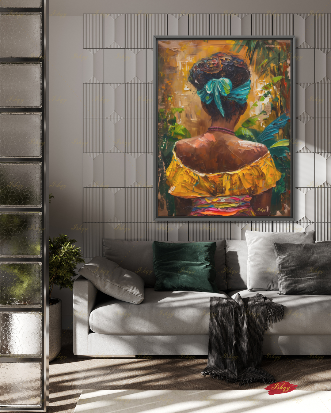African American Woman Canvas Wall Art, Tropical Black Woman Framed Canvas Print, Colorful Afrocentric Portrait Oil Painting, Living Room Decor