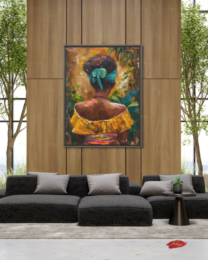 African American Woman Canvas Wall Art, Tropical Black Woman Framed Canvas Print, Colorful Afrocentric Portrait Oil Painting, Living Room Decor