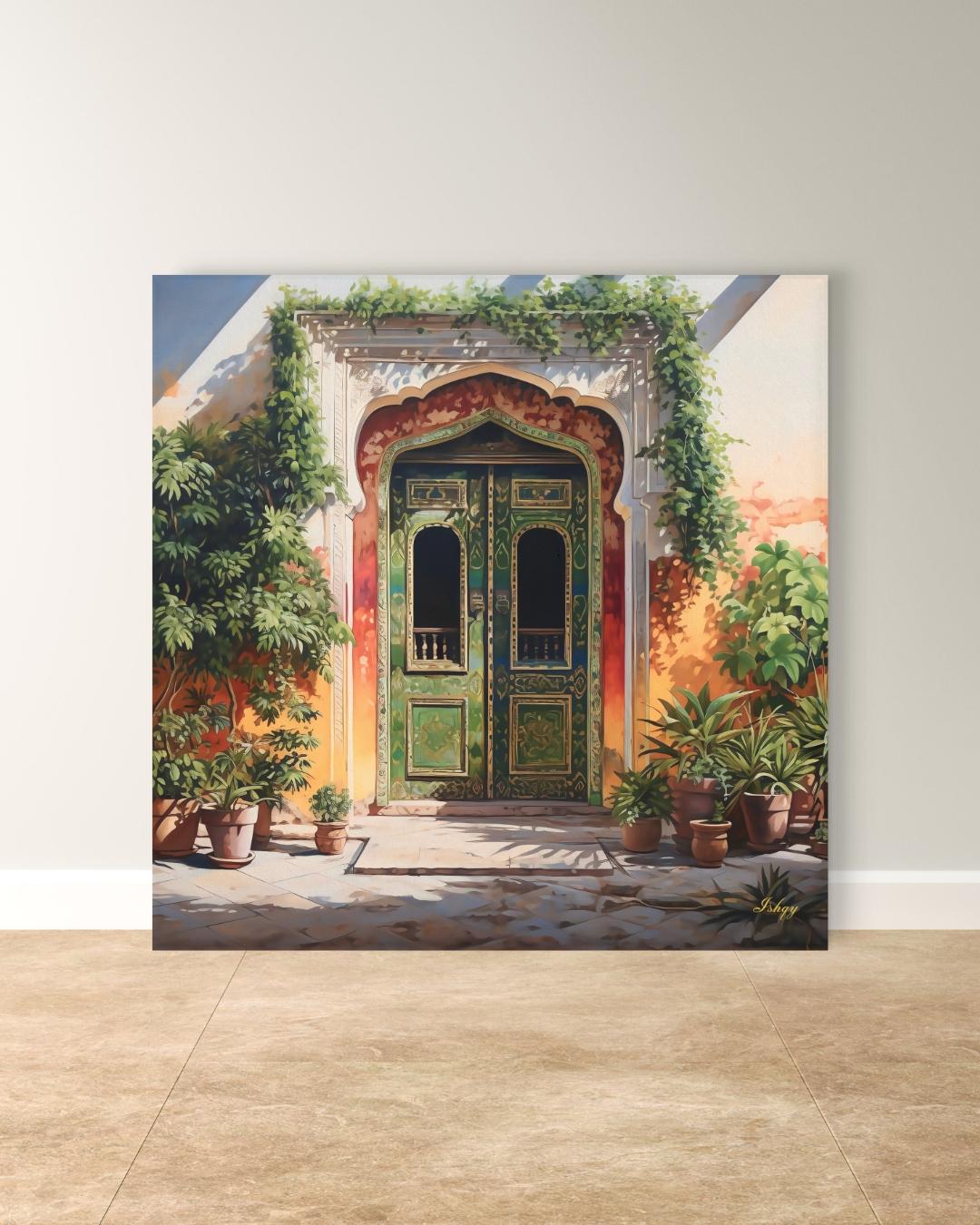 Jaipur Rajasthan Palace Door Wall Art Print, Canvas, Framed Canvas, Green Indian Doorway Painting, Boho Entryway Decor for Living Room