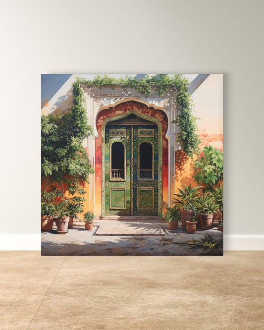 Jaipur Rajasthan Palace Door Wall Art Print, Canvas, Framed Canvas, Green Indian Doorway Painting, Boho Entryway Decor for Living Room