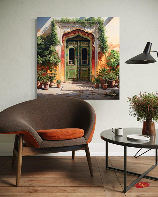 Jaipur Rajasthan Palace Door Wall Art Print, Canvas, Framed Canvas, Green Indian Doorway Painting, Boho Entryway Decor for Living Room