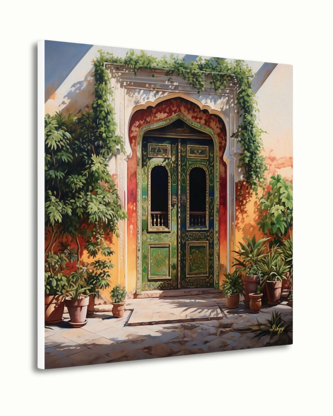 Jaipur Rajasthan Palace Door Wall Art Print, Canvas, Framed Canvas, Green Indian Doorway Painting, Boho Entryway Decor for Living Room