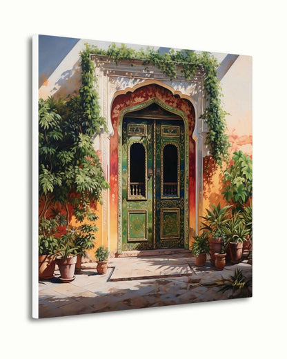 Jaipur Rajasthan Palace Door Wall Art Print, Canvas, Framed Canvas, Green Indian Doorway Painting, Boho Entryway Decor for Living Room