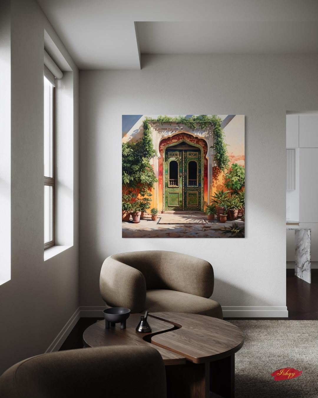 Jaipur Rajasthan Palace Door Wall Art Print, Canvas, Framed Canvas, Green Indian Doorway Painting, Boho Entryway Decor for Living Room