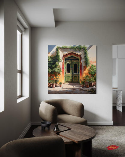 Jaipur Rajasthan Palace Door Wall Art Print, Canvas, Framed Canvas, Green Indian Doorway Painting, Boho Entryway Decor for Living Room