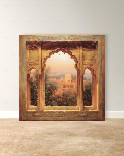 Mughal Arch Wall Art, Indian Palace Canvas Print, Rajasthan Golden Window Decor, Boho India Travel Art, Framed Canvas, Housewarming Gift