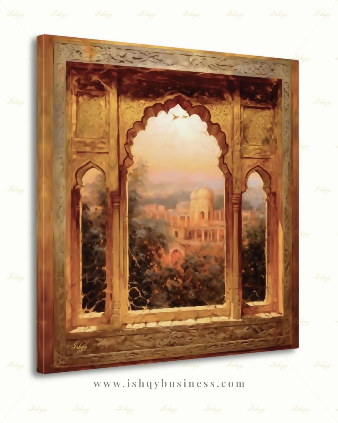Mughal Arch Wall Art, Indian Palace Canvas Print, Rajasthan Golden Window Decor, Boho India Travel Art, Framed Canvas, Housewarming Gift