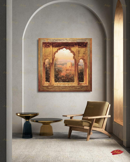 Mughal Arch Wall Art, Indian Palace Canvas Print, Rajasthan Golden Window Decor, Boho India Travel Art, Framed Canvas, Housewarming Gift