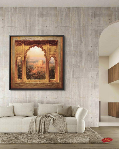 Mughal Arch Wall Art, Indian Palace Canvas Print, Rajasthan Golden Window Decor, Boho India Travel Art, Framed Canvas, Housewarming Gift