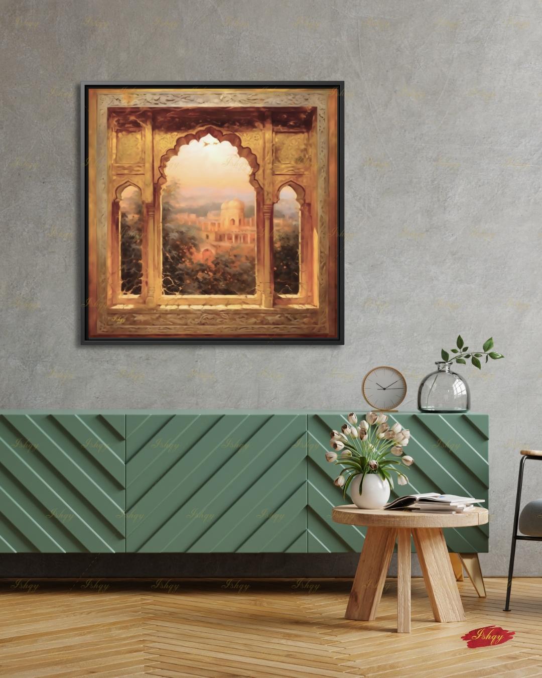 Mughal Arch Wall Art, Indian Palace Canvas Print, Rajasthan Golden Window Decor, Boho India Travel Art, Framed Canvas, Housewarming Gift