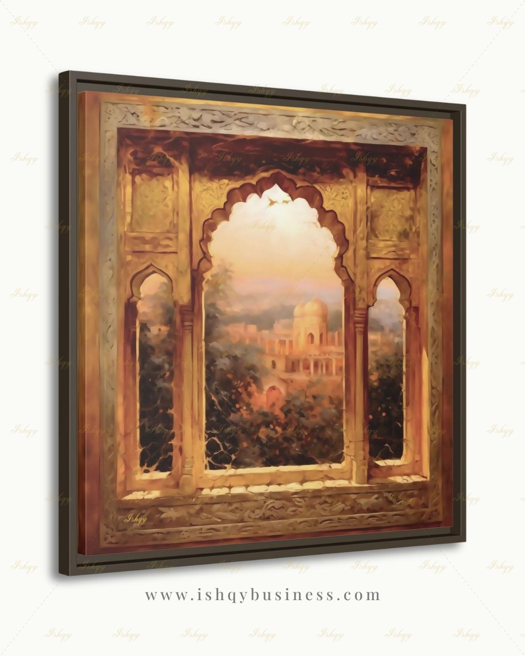Mughal Arch Wall Art, Indian Palace Canvas Print, Rajasthan Golden Window Decor, Boho India Travel Art, Framed Canvas, Housewarming Gift