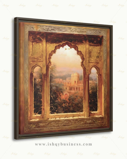 Mughal Arch Wall Art, Indian Palace Canvas Print, Rajasthan Golden Window Decor, Boho India Travel Art, Framed Canvas, Housewarming Gift