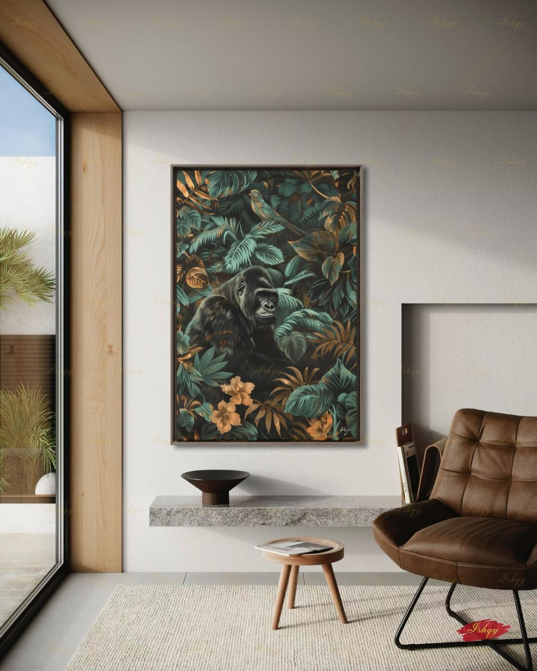 Gorilla Wall Art, Dark Botanical Jungle Canvas Print, Teal Gold Animal Nature Decor, Moody Wildlife Living Room Framed Canvas Gift