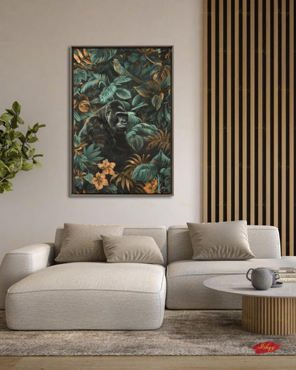 Gorilla Wall Art, Dark Botanical Jungle Canvas Print, Teal Gold Animal Nature Decor, Moody Wildlife Living Room Framed Canvas Gift