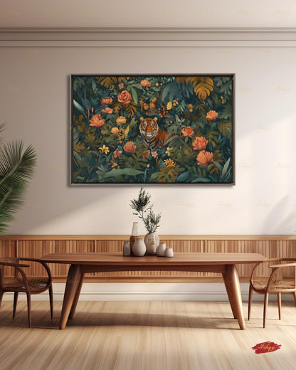 Oversized Tiger Canvas Wall Art, Dark Botanical Jungle Framed Canvas Print, Extra Large Maximalist Floral Painting, Above Bed Decor