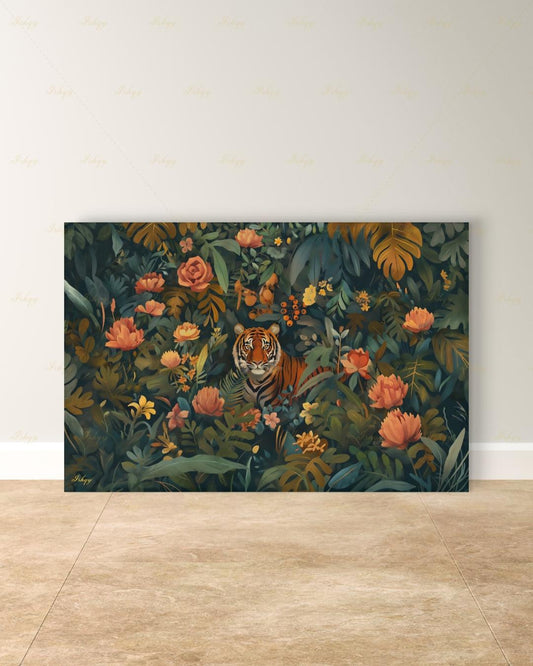 Oversized Tiger Canvas Wall Art, Dark Botanical Jungle Framed Canvas Print, Extra Large Maximalist Floral Painting, Above Bed Decor
