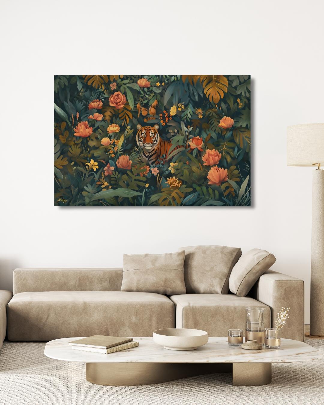 Tiger Wall Art Canvas Print Jungle Decor, Floral Wildlife Painting, Maximalist Botanical Living Room Statement Artwork