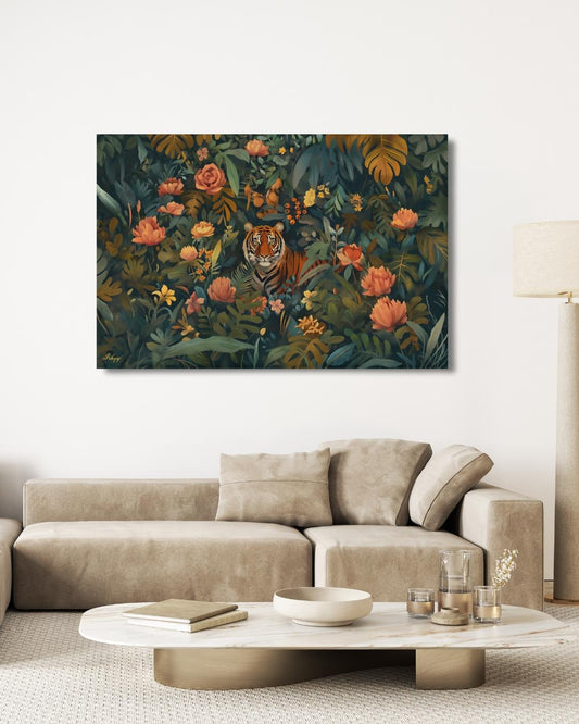 Tiger Wall Art Canvas Print Jungle Decor, Floral Wildlife Painting, Maximalist Botanical Living Room Statement Artwork
