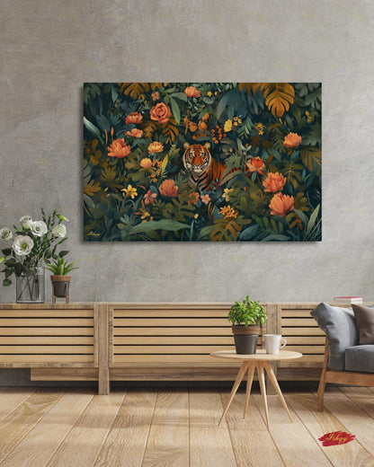 Oversized Tiger Canvas Wall Art, Dark Botanical Jungle Framed Canvas Print, Extra Large Maximalist Floral Painting, Above Bed Decor