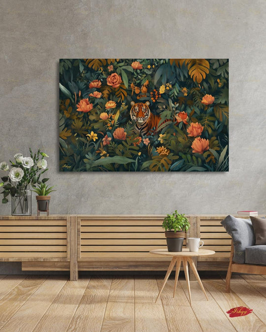Oversized Tiger Canvas Wall Art, Dark Botanical Jungle Framed Canvas Print, Extra Large Maximalist Floral Painting, Above Bed Decor