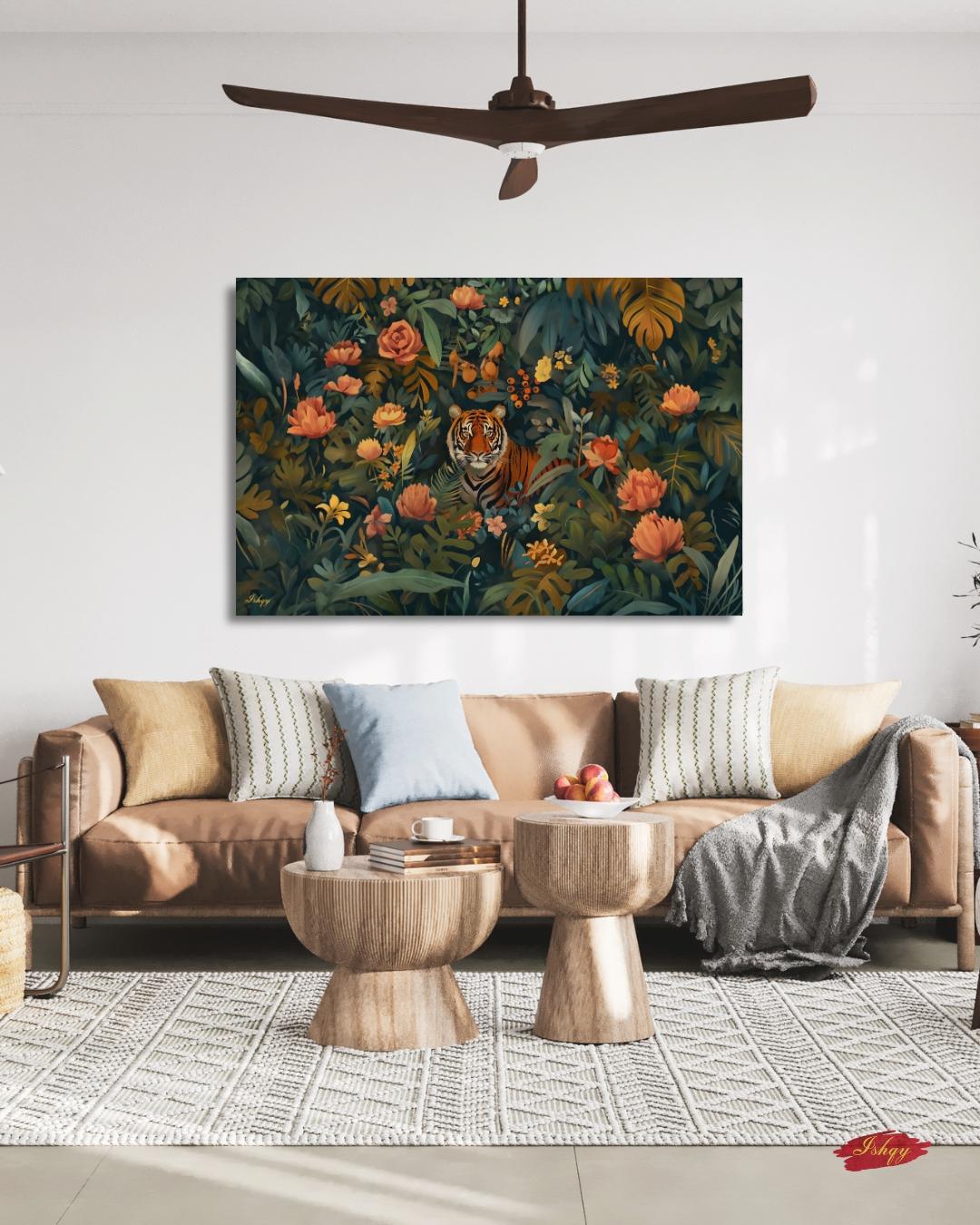 Tiger Wall Art Canvas Print Jungle Decor, Floral Wildlife Painting, Maximalist Botanical Living Room Statement Artwork